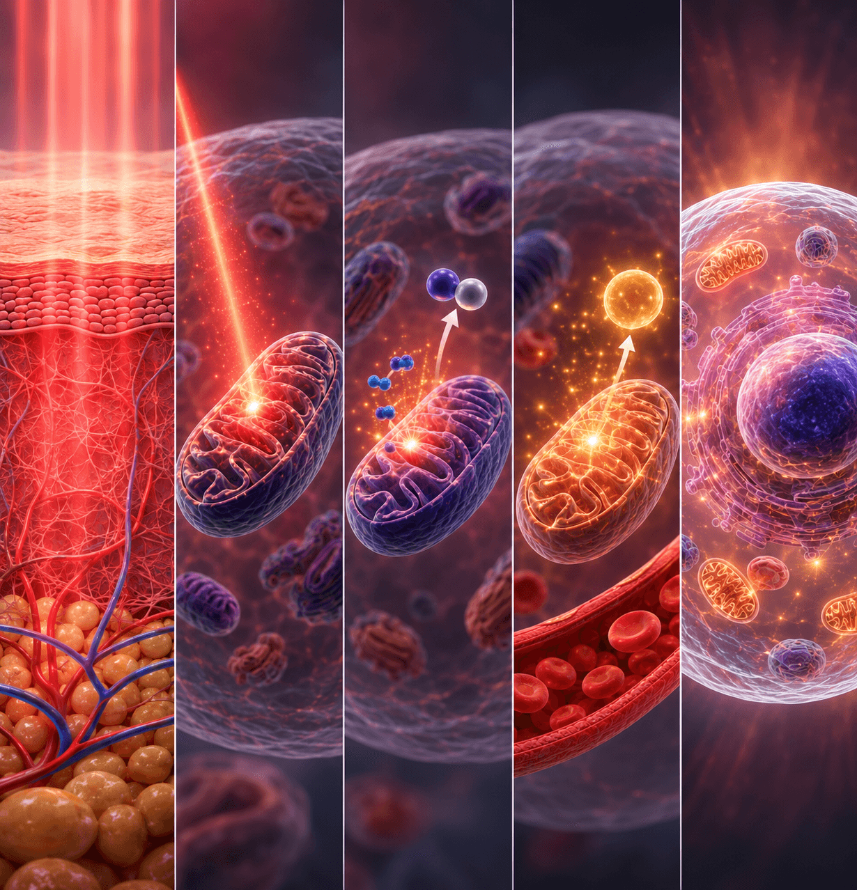 Five-stage visual of photobiomodulation at the cellular level: light entering the skin, absorption in the mitochondria, nitric oxide release, rising cellular energy and blood flow, and cellular repair.